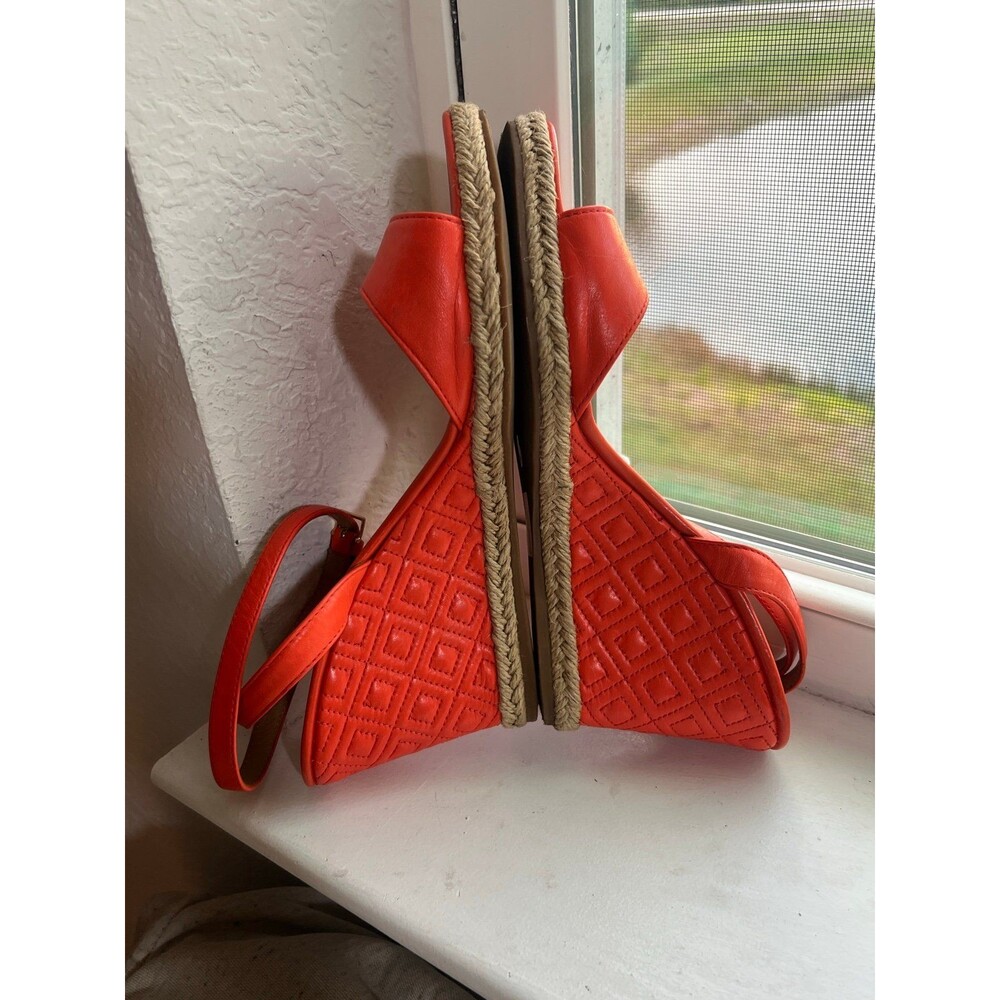 Tory Burch Marion Leather Quilted Wedge Strappy Sandals in Orange Women’s Size 9 - Picture 7 of 12